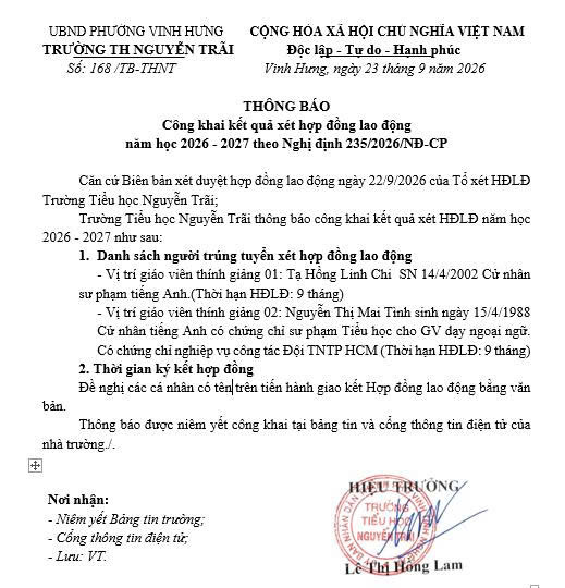 Thông báo Công khai kết quả xét hợp đồng lao động năm học 2026-2027
