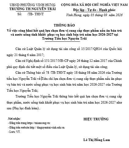 Thông báo Công khai kết quả lựa chọn đơn vị cung cấp thực phẩm nấu ăn bán trú và nước uống tinh khiết